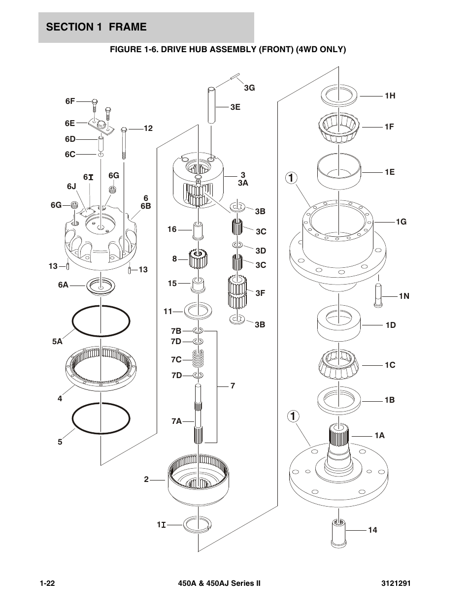 Figure 1-6. drive hub assembly (front) (4wd only), Drive hub assembly (front) (4wd only) -22 | JLG 450A_AJ Series II Parts Manual User Manual | Page 30 / 312