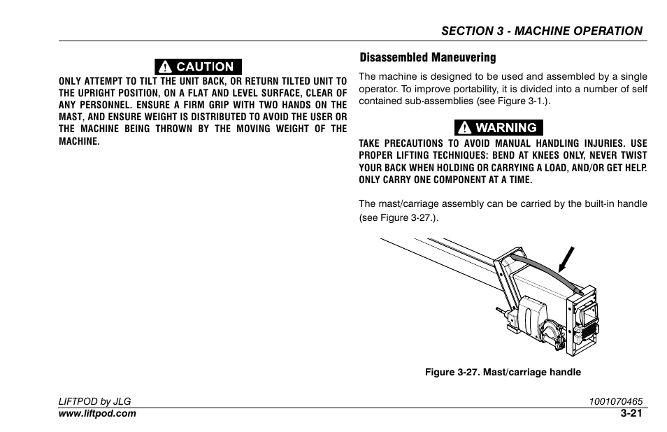 Disassembled maneuvering, Disassembled maneuvering -21, 27. mast/carriage handle -21 | JLG LiftPOD FS80 (1001070465) User Manual | Page 49 / 98