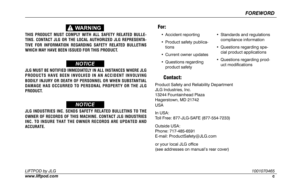 Contact | JLG LiftPOD FS80 (1001070465) User Manual | Page 5 / 98