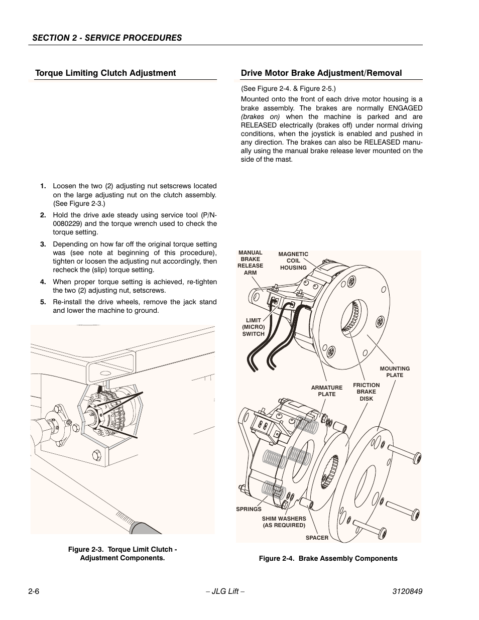 Torque limiting clutch adjustment, Drive motor brake adjustment/removal | JLG 20VP (3120849) Service Manual User Manual | Page 24 / 96
