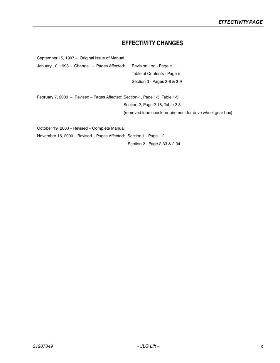 Effectivity changes | JLG 20VP (3120849) Service Manual User Manual | Page 7 / 96