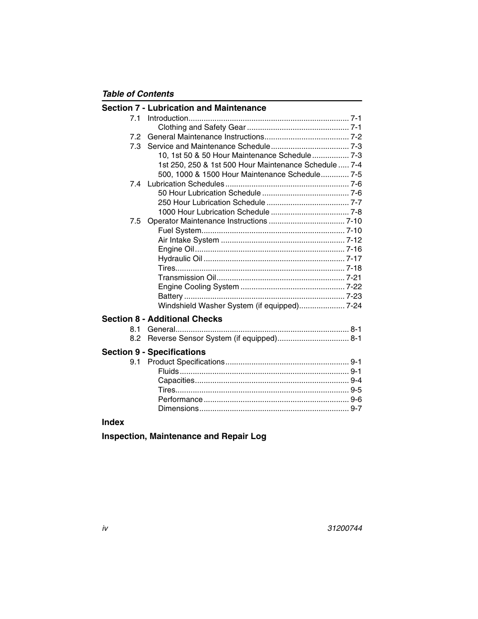 Section 7 - lubrication and maintenance, Section 8 - additional checks, Section 9 - specifications | JLG G6-42A Operator Manual User Manual | Page 10 / 162