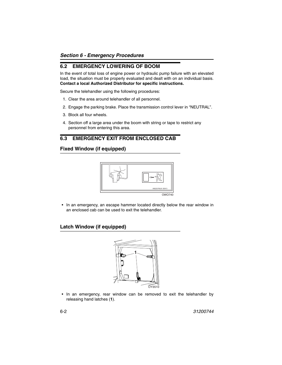 2 emergency lowering of boom, 3 emergency exit from enclosed cab, Fixed window (if equipped) | Latch window (if equipped) | JLG G6-42A Operator Manual User Manual | Page 118 / 162