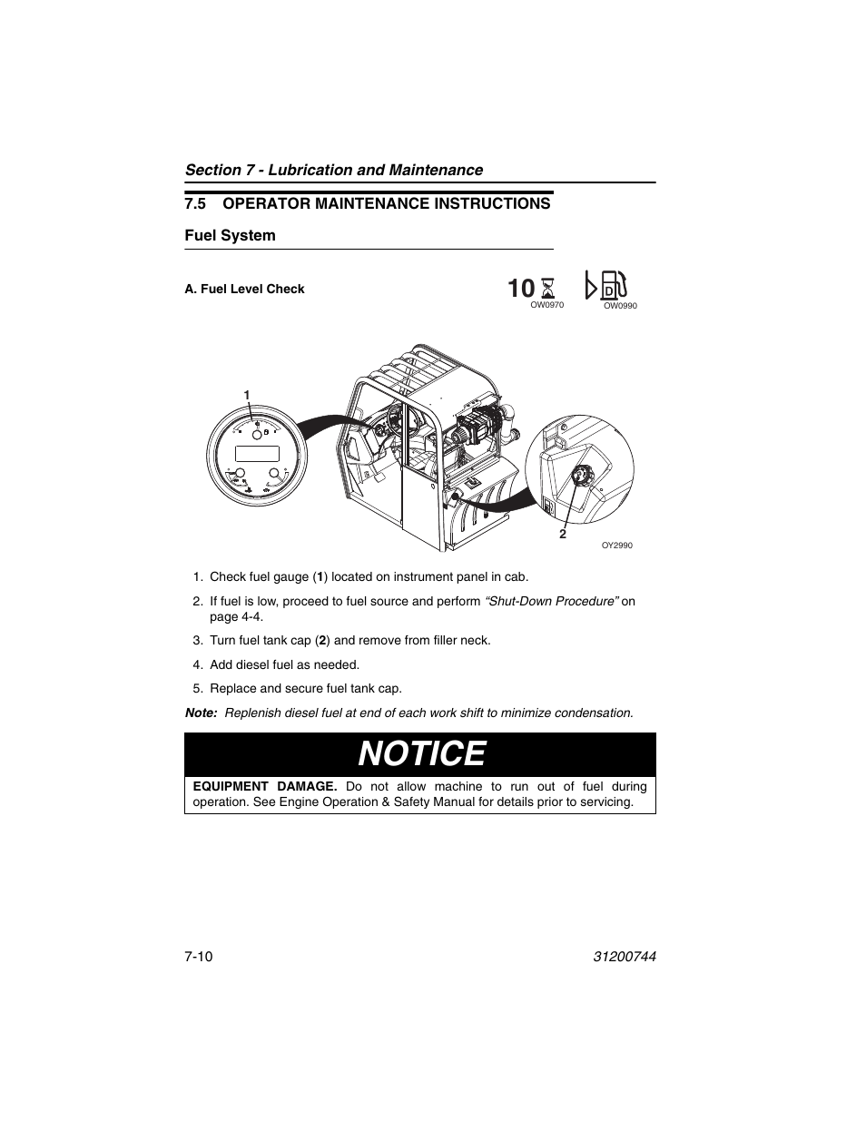 5 operator maintenance instructions, Fuel system, 5 operator maintenance instructions -10 | Fuel system -10, Notice | JLG G6-42A Operator Manual User Manual | Page 128 / 162