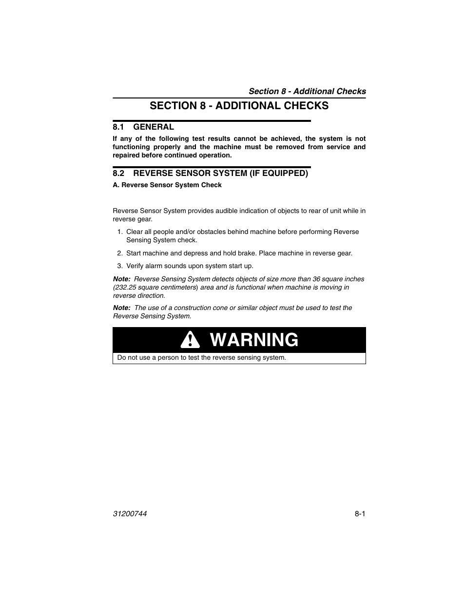 Section 8 - additional checks, 1 general, 2 reverse sensor system (if equipped) | Warning | JLG G6-42A Operator Manual User Manual | Page 143 / 162