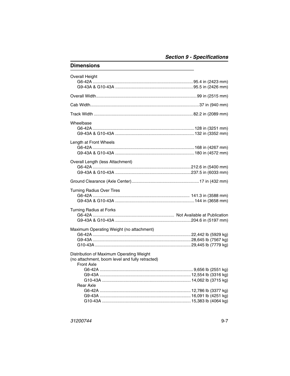 Dimensions, Dimensions -7 | JLG G6-42A Operator Manual User Manual | Page 151 / 162