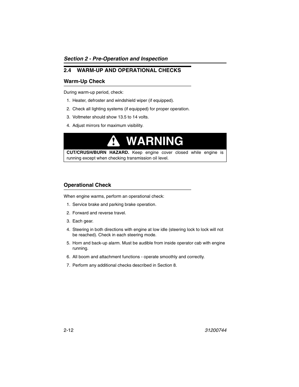 4 warm-up and operational checks, Warm-up check, Operational check | 4 warm-up and operational checks -12, Warm-up check -12 operational check -12, Warning | JLG G6-42A Operator Manual User Manual | Page 38 / 162