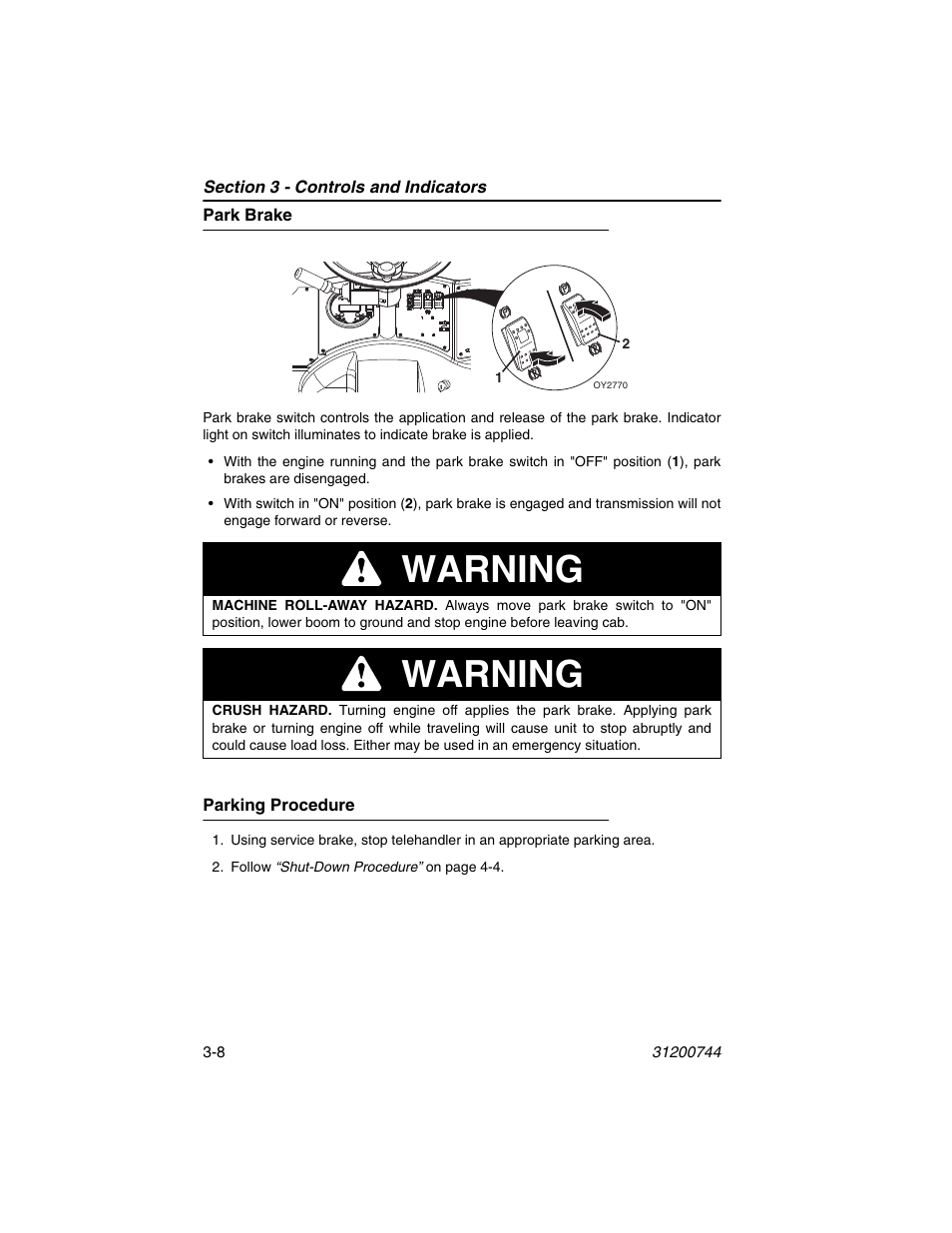 Park brake, Parking procedure, Park brake -8 parking procedure -8 | Warning | JLG G6-42A Operator Manual User Manual | Page 48 / 162