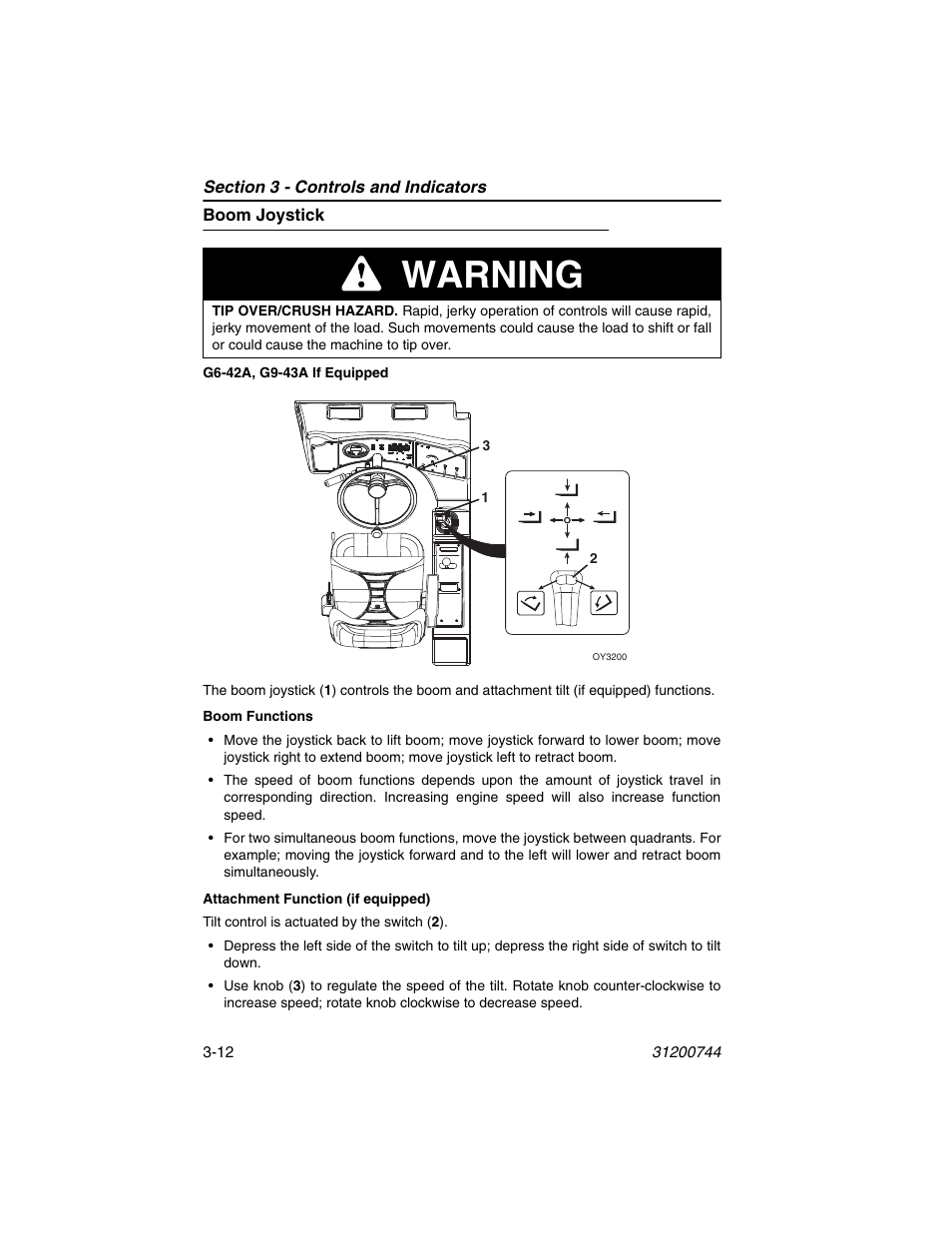 Boom joystick, Boom joystick -12, Warning | JLG G6-42A Operator Manual User Manual | Page 52 / 162
