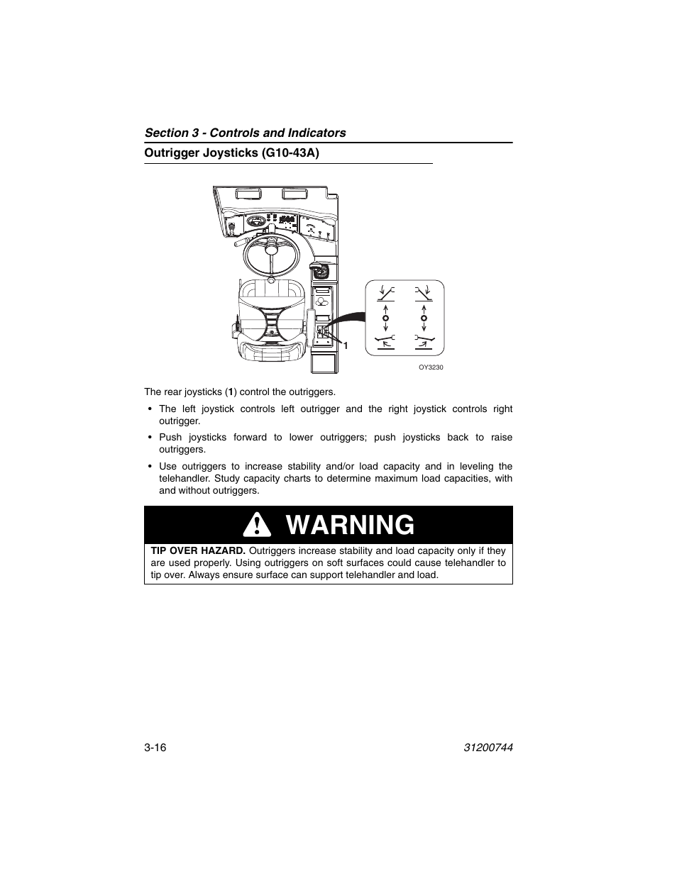 Outrigger joysticks (g10-43a), Outrigger joysticks (g10-43a) -16, Warning | JLG G6-42A Operator Manual User Manual | Page 56 / 162