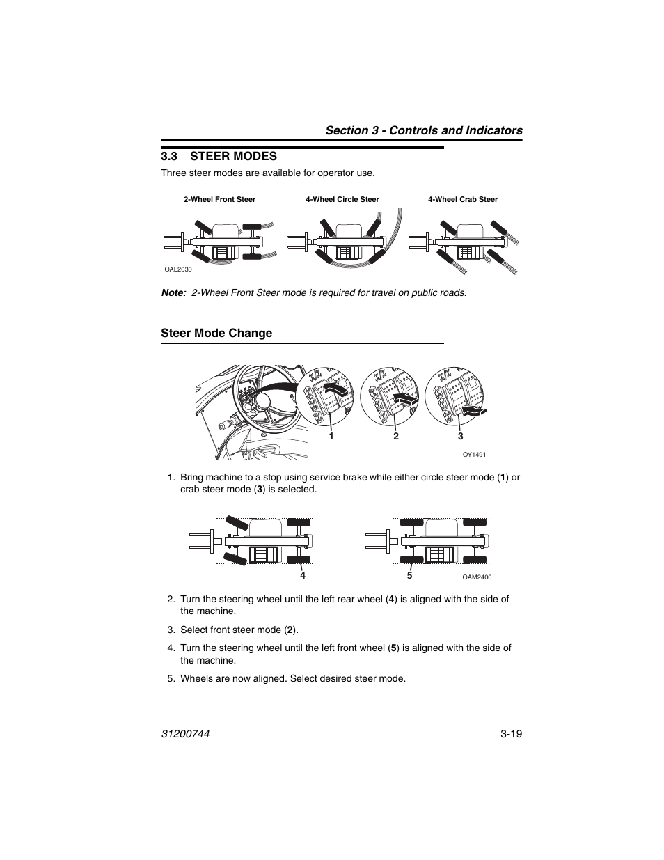 3 steer modes, Steer mode change, 3 steer modes -19 | Steer mode change -19 | JLG G6-42A Operator Manual User Manual | Page 59 / 162