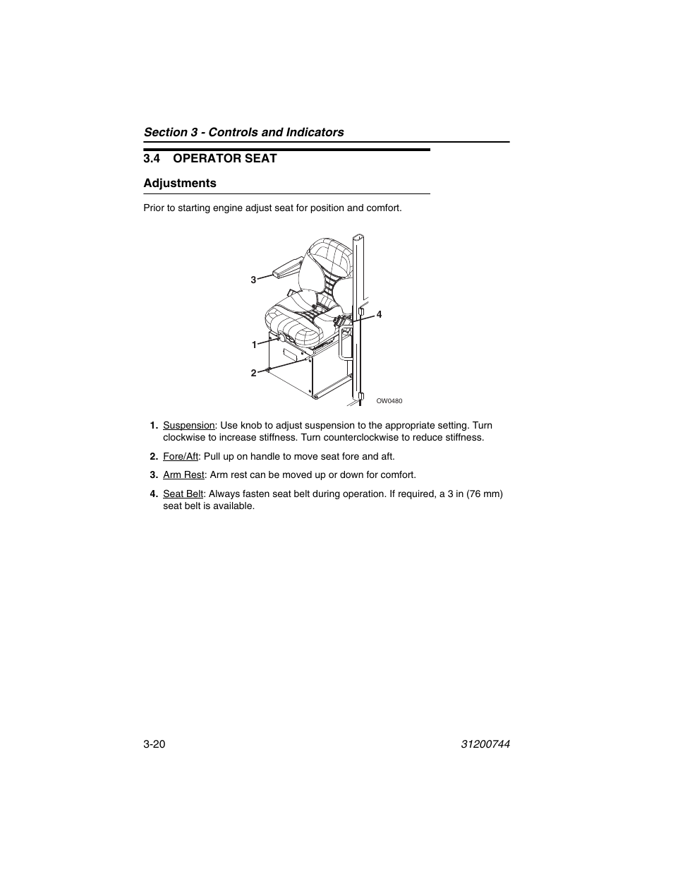 4 operator seat, Adjustments, 4 operator seat -20 | Adjustments -20 | JLG G6-42A Operator Manual User Manual | Page 60 / 162