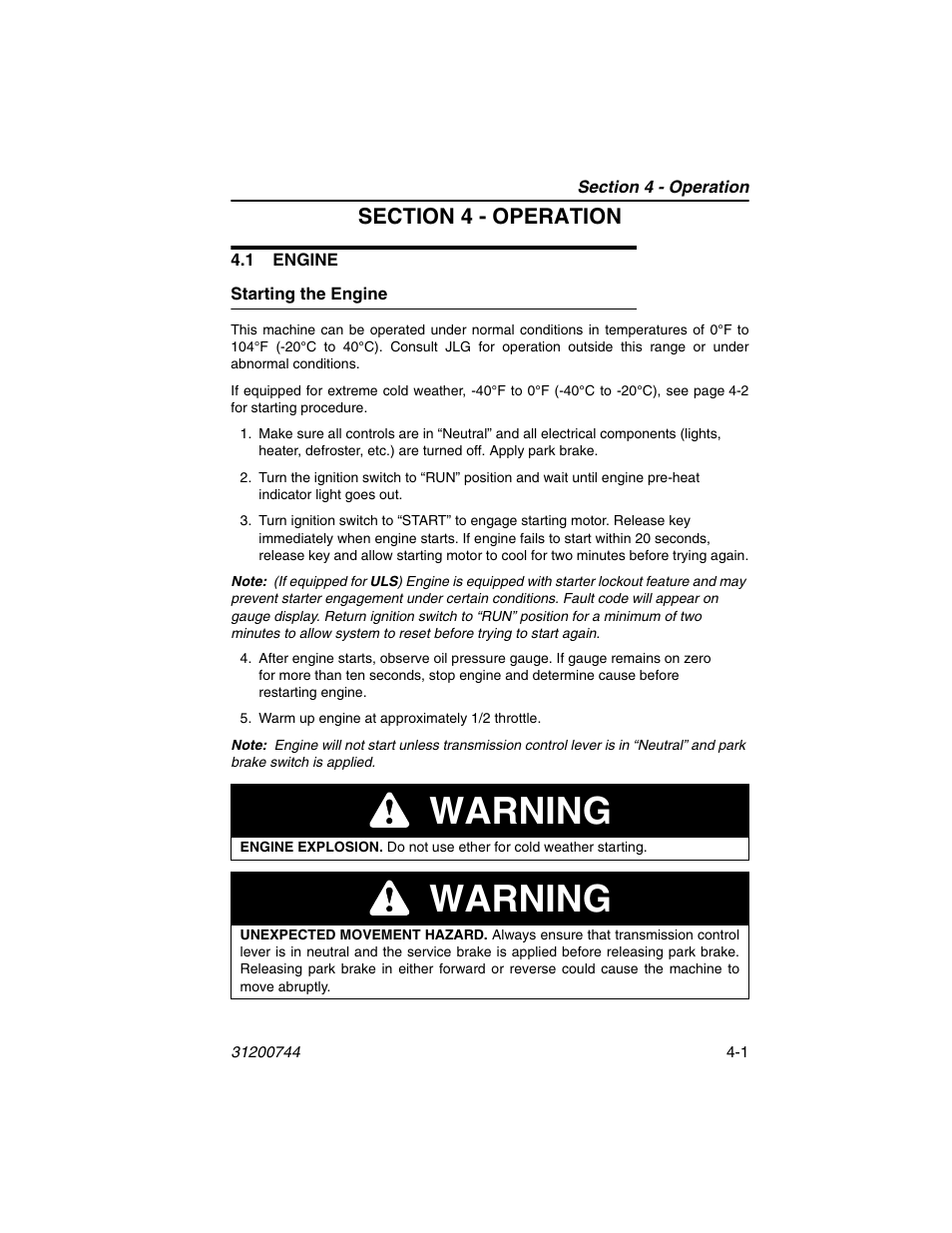 Section 4 - operation, 1 engine, Starting the engine | 1 engine -1, Starting the engine -1, Warning | JLG G6-42A Operator Manual User Manual | Page 65 / 162
