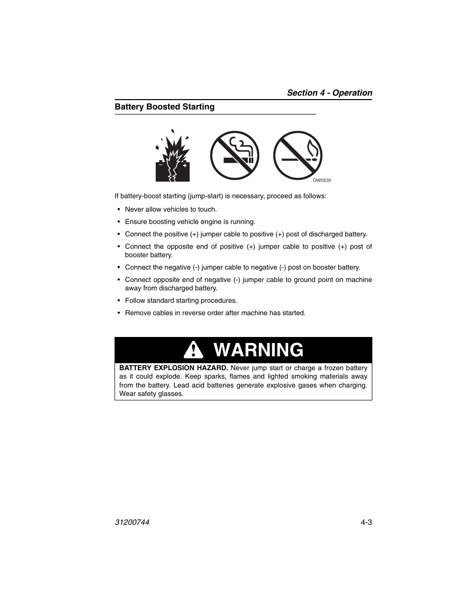 Battery boosted starting, Battery boosted starting -3, Warning | JLG G6-42A Operator Manual User Manual | Page 67 / 162