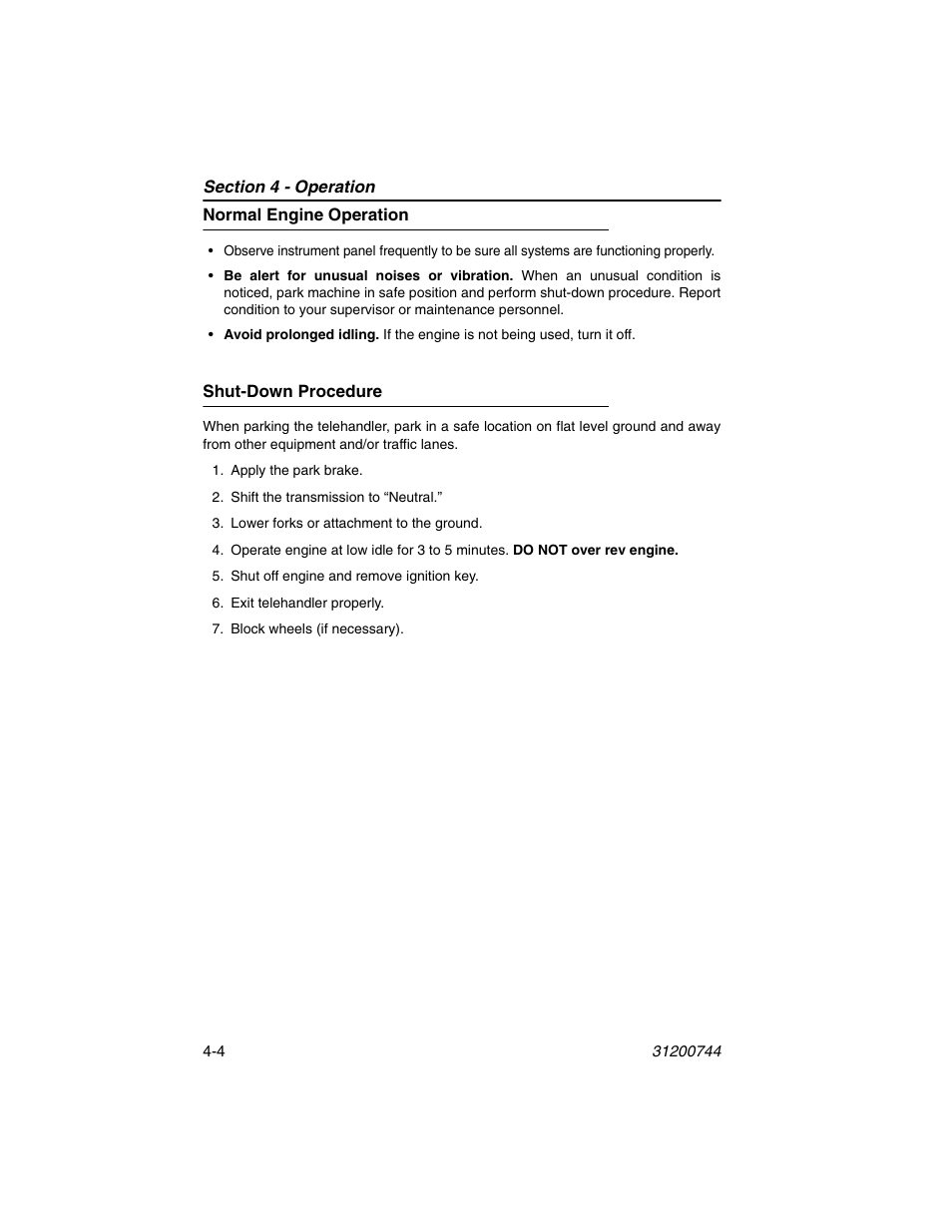 Normal engine operation, Shut-down procedure, Normal engine operation -4 shut-down procedure -4 | JLG G6-42A Operator Manual User Manual | Page 68 / 162