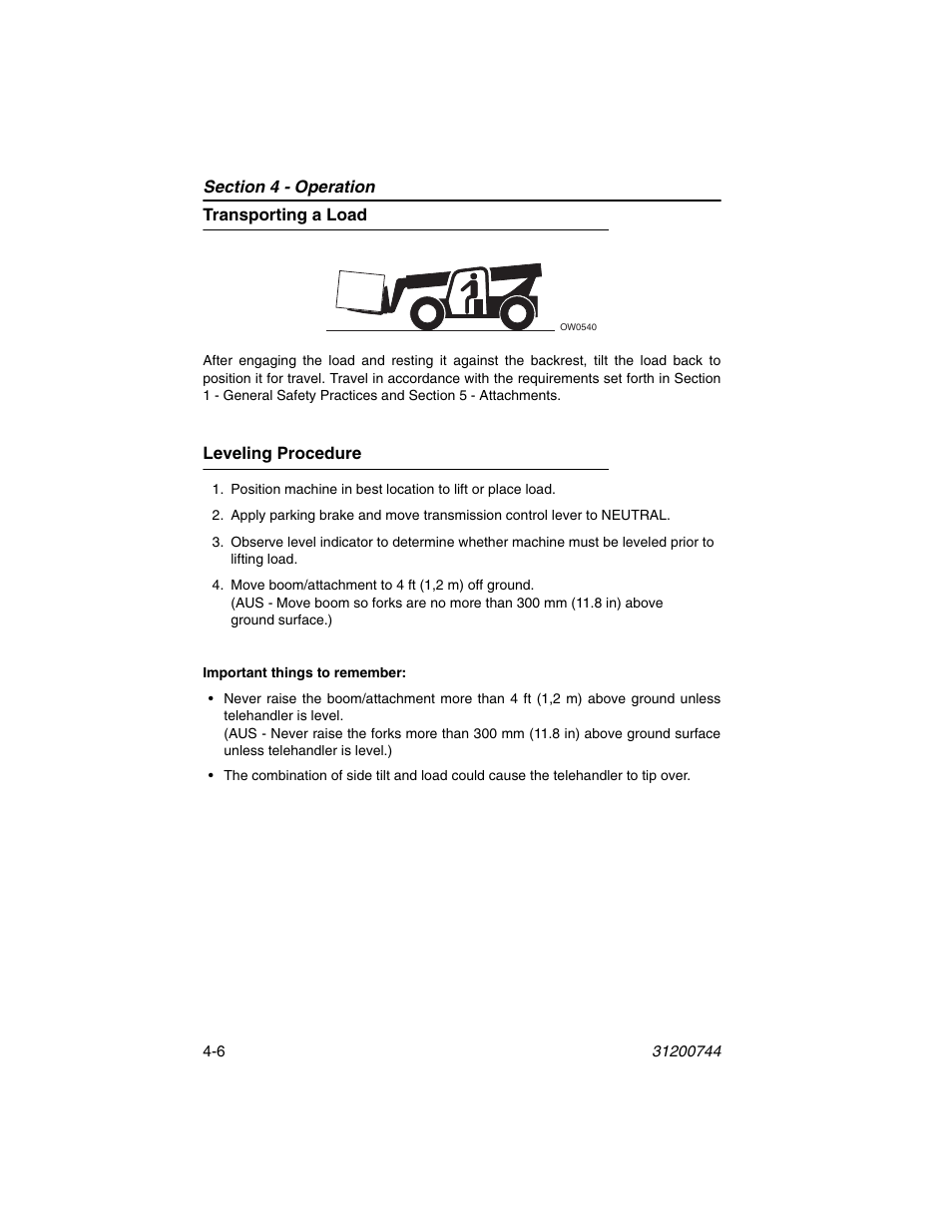 Transporting a load, Leveling procedure, Transporting a load -6 leveling procedure -6 | JLG G6-42A Operator Manual User Manual | Page 70 / 162