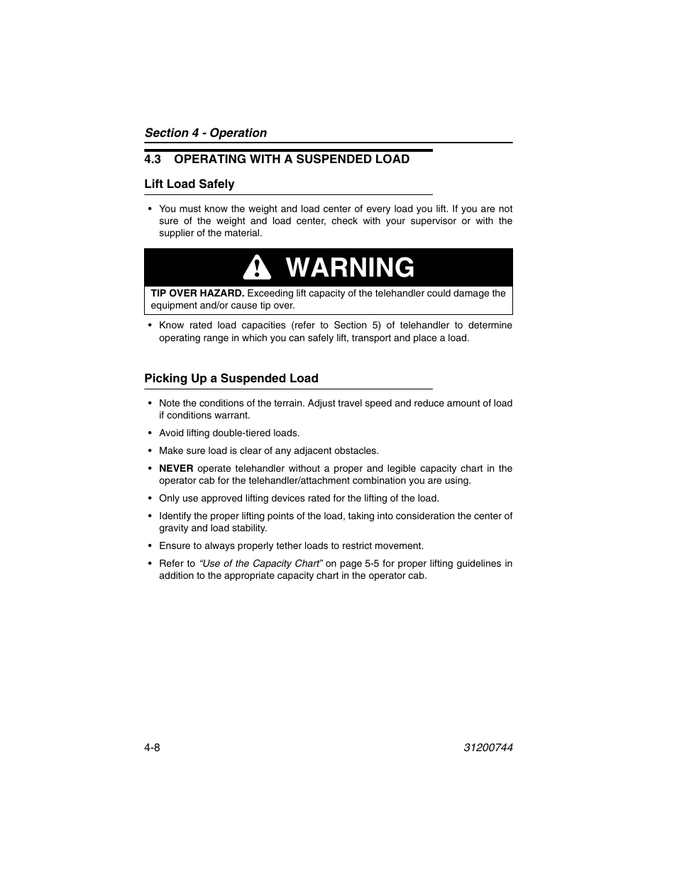 3 operating with a suspended load, Lift load safely, Picking up a suspended load | 3 operating with a suspended load -8, Lift load safely -8 picking up a suspended load -8, Warning | JLG G6-42A Operator Manual User Manual | Page 72 / 162