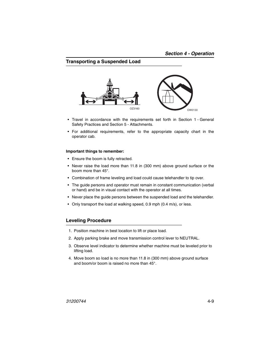Transporting a suspended load, Leveling procedure | JLG G6-42A Operator Manual User Manual | Page 73 / 162