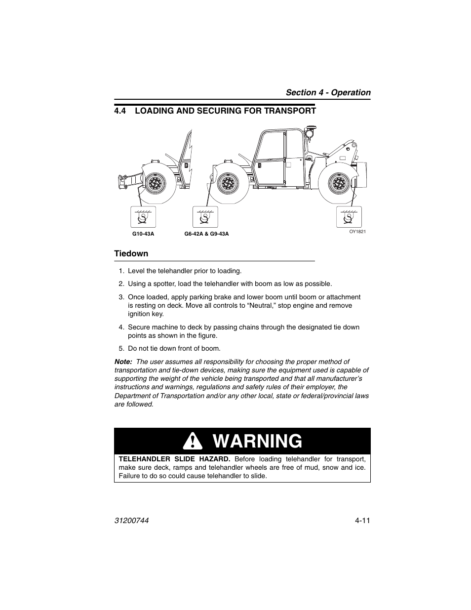 4 loading and securing for transport, Tiedown, 4 loading and securing for transport -11 | Tiedown -11, Warning | JLG G6-42A Operator Manual User Manual | Page 75 / 162