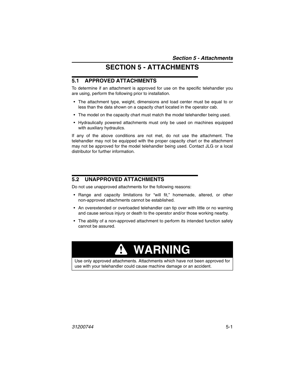 Section 5 - attachments, 1 approved attachments, 2 unapproved attachments | E section 5 - attachments for ap, Warning | JLG G6-42A Operator Manual User Manual | Page 77 / 162