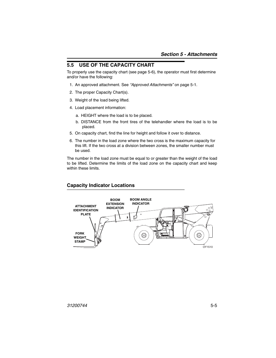 5 use of the capacity chart, Capacity indicator locations, 5 use of the capacity chart -5 | Capacity indicator locations -5 | JLG G6-42A Operator Manual User Manual | Page 81 / 162