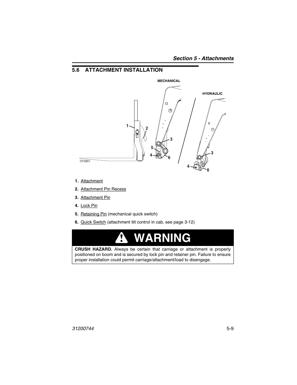 6 attachment installation, 6 attachment installation -9, Warning | JLG G6-42A Operator Manual User Manual | Page 85 / 162