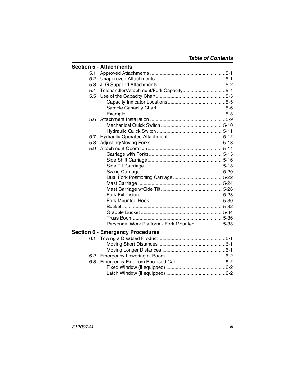 Section 5 - attachments, Section 6 - emergency procedures | JLG G6-42A Operator Manual User Manual | Page 9 / 162