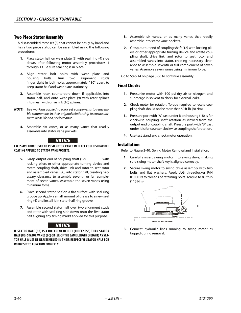Two piece stator assembly, Final checks, Installation | JLG 450A_AJ Series II Service Manual User Manual | Page 100 / 396