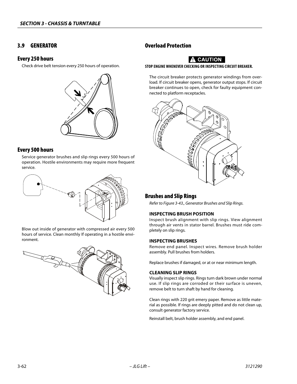 9 generator, Every 250 hours, Every 500 hours | Overload protection, Brushes and slip rings, Generator -62, 1/2 in. (13 mm), 9 generator every 250 hours | JLG 450A_AJ Series II Service Manual User Manual | Page 102 / 396