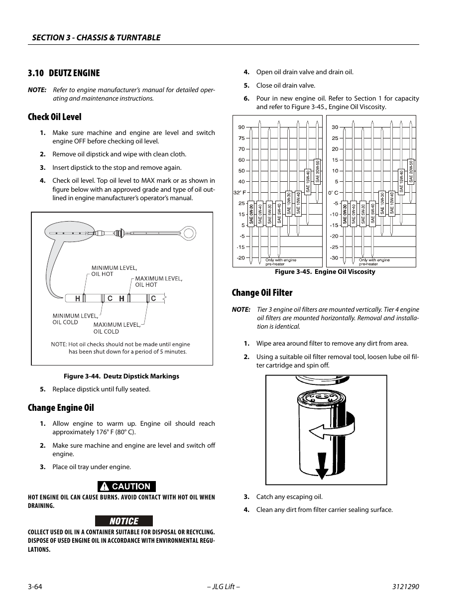 10 deutz engine, Check oil level, Change engine oil | Change oil filter, Deutz engine -64, Deutz dipstick markings -64, Engine oil viscosity -64 | JLG 450A_AJ Series II Service Manual User Manual | Page 104 / 396