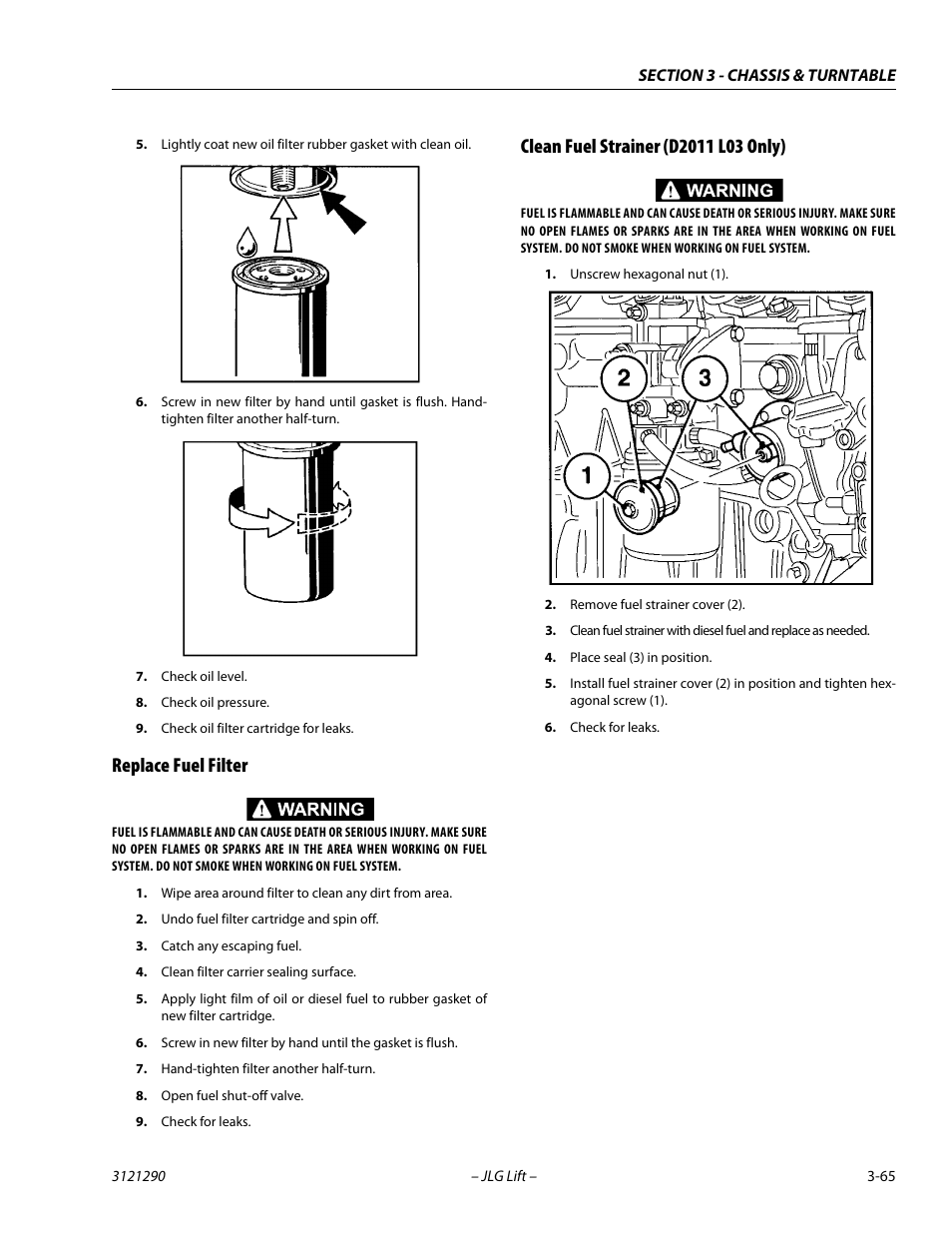 Replace fuel filter, Clean fuel strainer (d2011 l03 only) | JLG 450A_AJ Series II Service Manual User Manual | Page 105 / 396