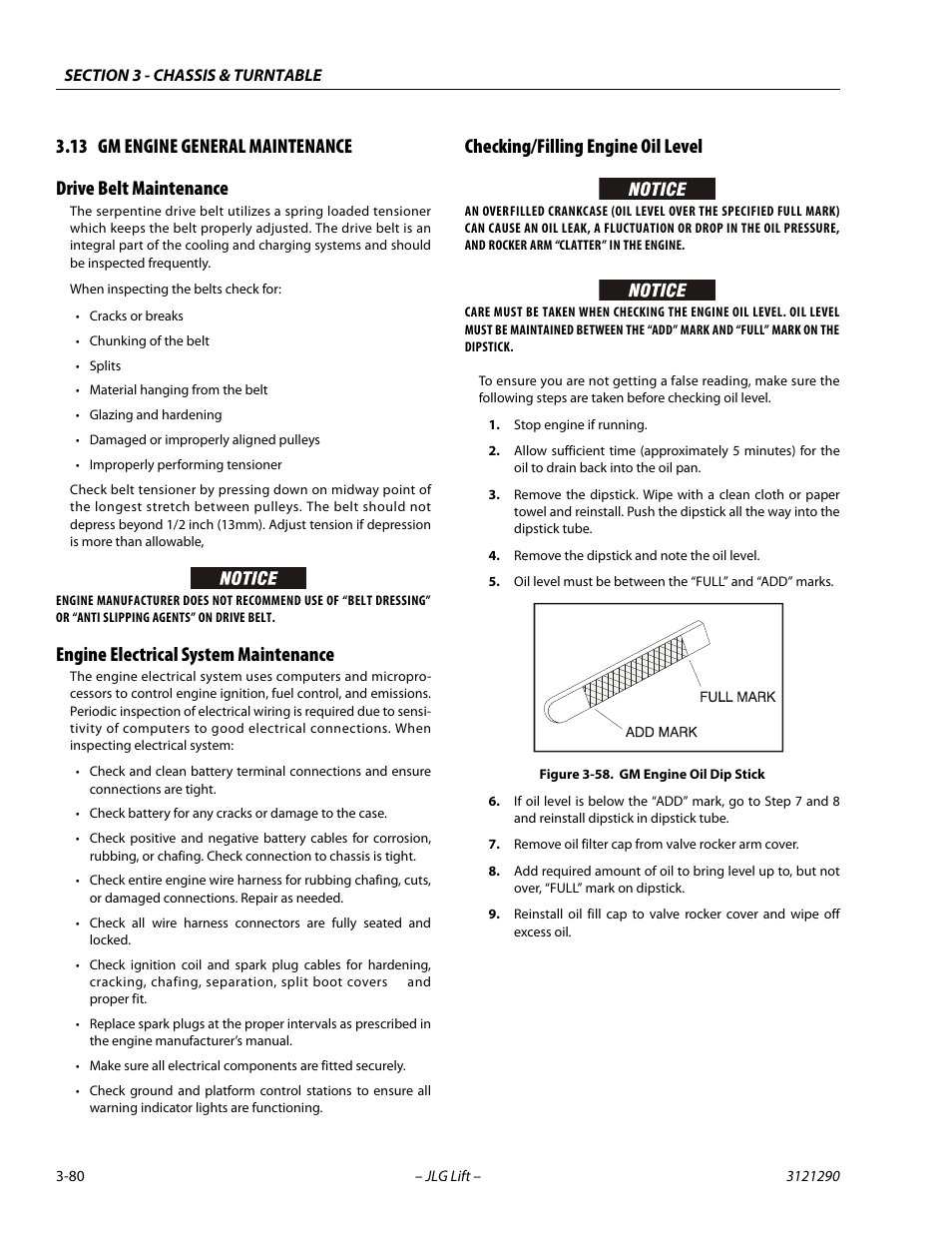 13 gm engine general maintenance, Drive belt maintenance, Engine electrical system maintenance | Checking/filling engine oil level, Gm engine general maintenance -80, Gm engine oil dip stick -80 | JLG 450A_AJ Series II Service Manual User Manual | Page 120 / 396