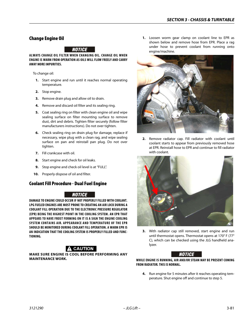 Change engine oil, Coolant fill procedure - dual fuel engine | JLG 450A_AJ Series II Service Manual User Manual | Page 121 / 396