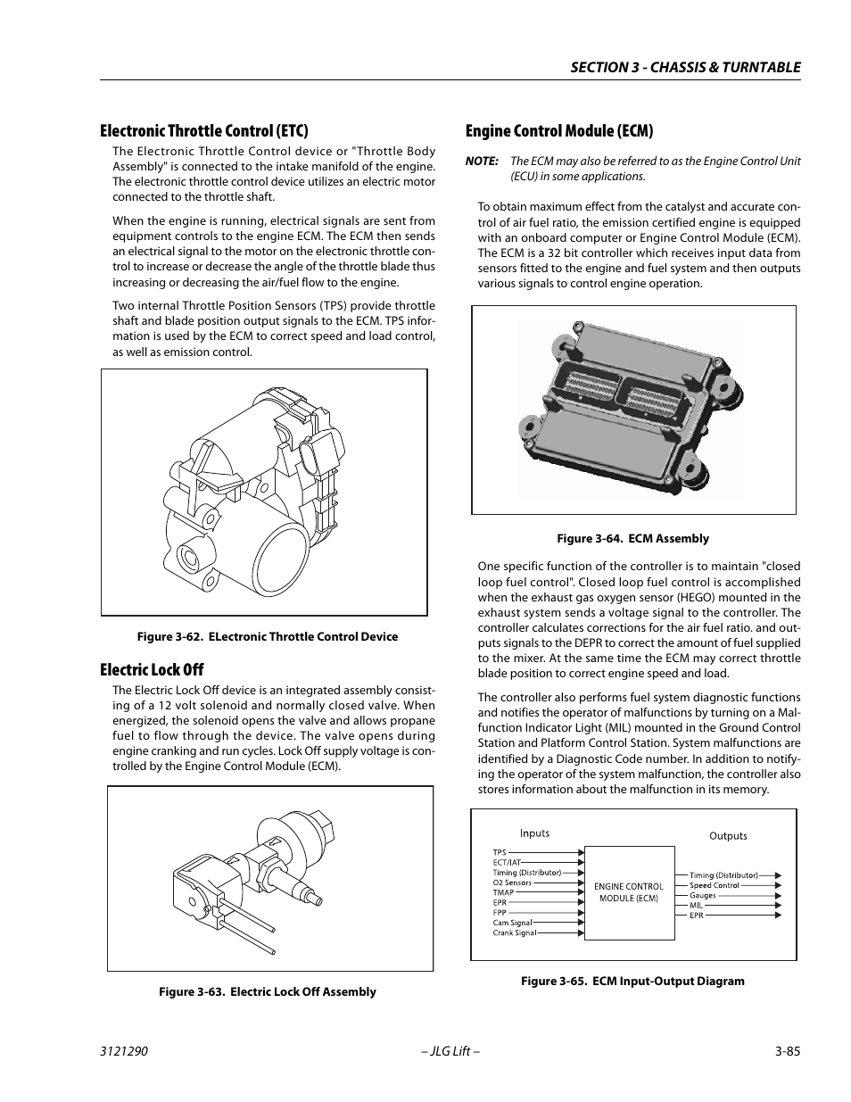 Electronic throttle control (etc), Electric lock off, Engine control module (ecm) | Electronic throttle control device -85, Electric lock off assembly -85, Ecm assembly -85, Ecm input-output diagram -85 | JLG 450A_AJ Series II Service Manual User Manual | Page 125 / 396