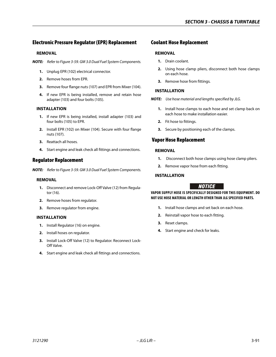 Electronic pressure regulator (epr) replacement, Regulator replacement, Coolant hose replacement | Vapor hose replacement | JLG 450A_AJ Series II Service Manual User Manual | Page 131 / 396