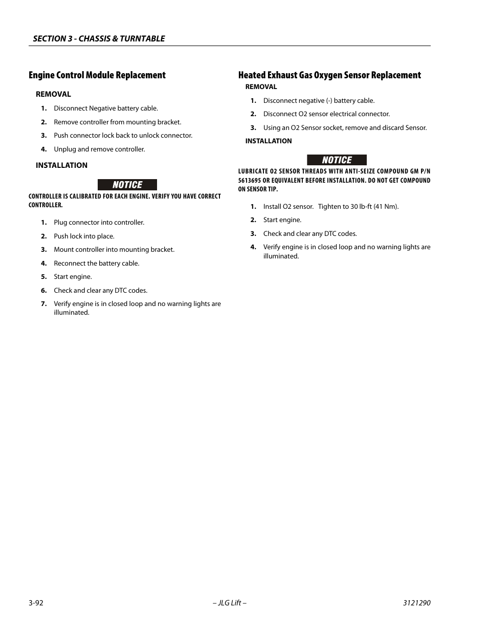 Engine control module replacement, Heated exhaust gas oxygen sensor replacement | JLG 450A_AJ Series II Service Manual User Manual | Page 132 / 396