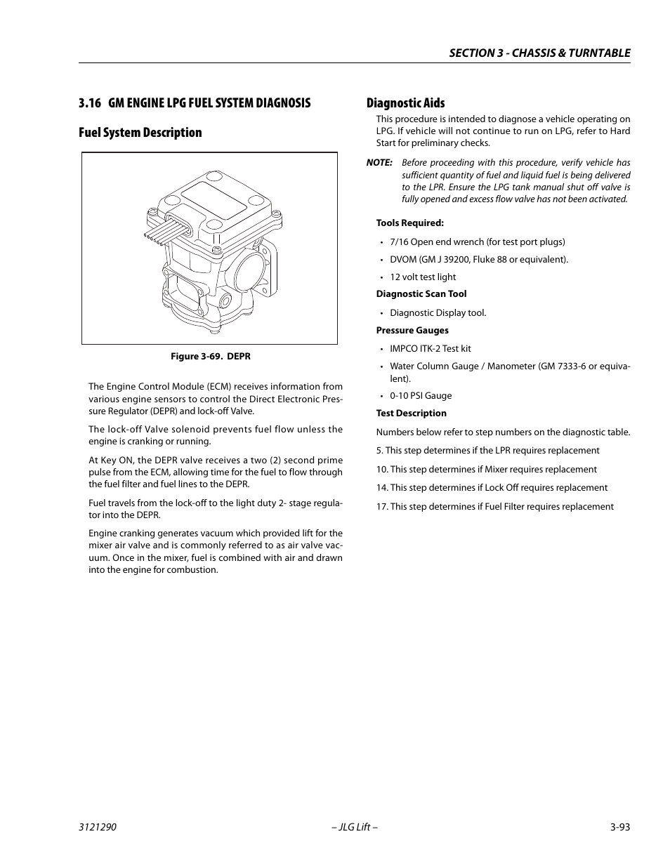 16 gm engine lpg fuel system diagnosis, Fuel system description, Diagnostic aids | Gm engine lpg fuel system diagnosis -93, Fuel system description -93 diagnostic aids -93, Depr -93 | JLG 450A_AJ Series II Service Manual User Manual | Page 133 / 396