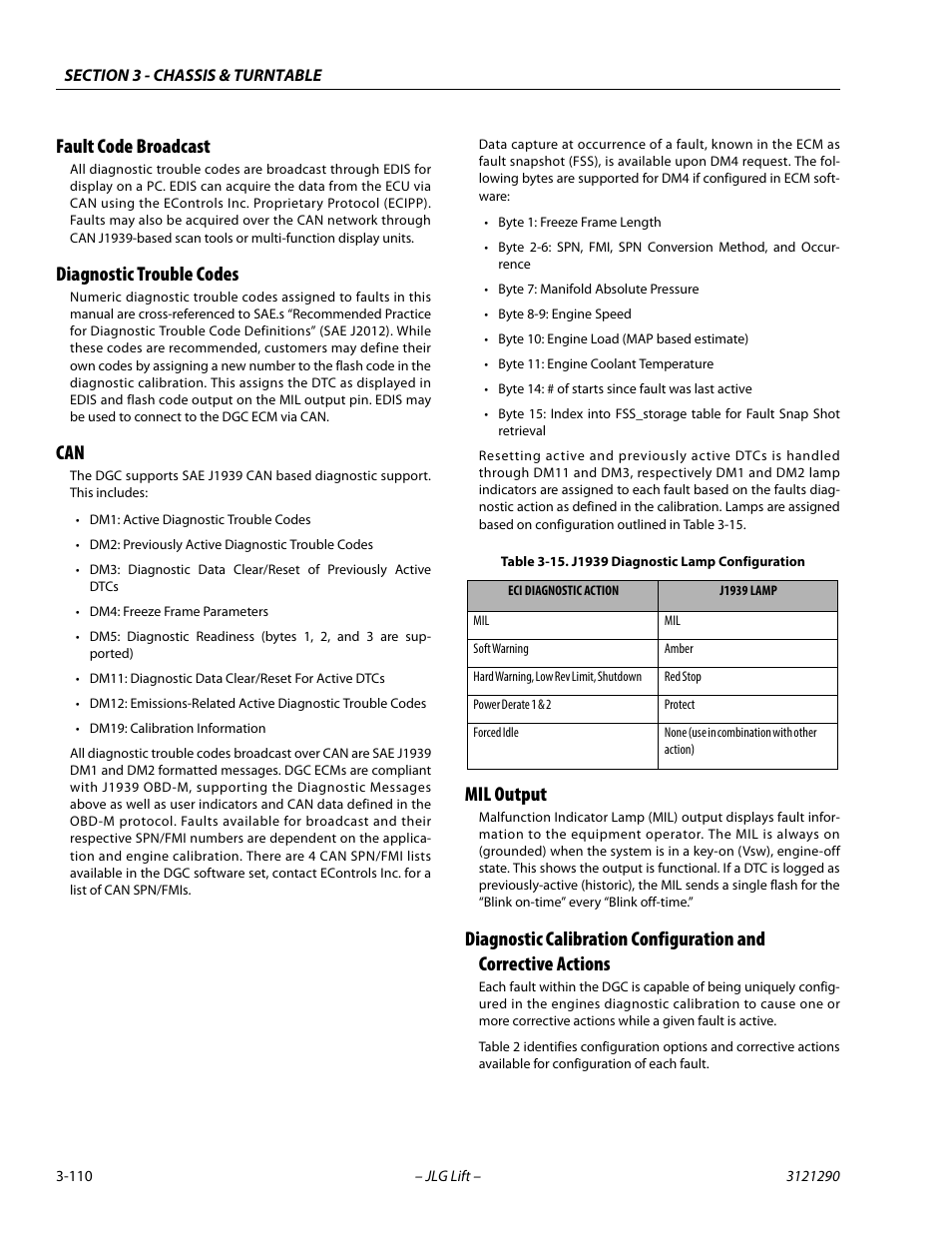 Fault code broadcast, Diagnostic trouble codes, Mil output | J1939 diagnostic lamp configuration -110 | JLG 450A_AJ Series II Service Manual User Manual | Page 150 / 396