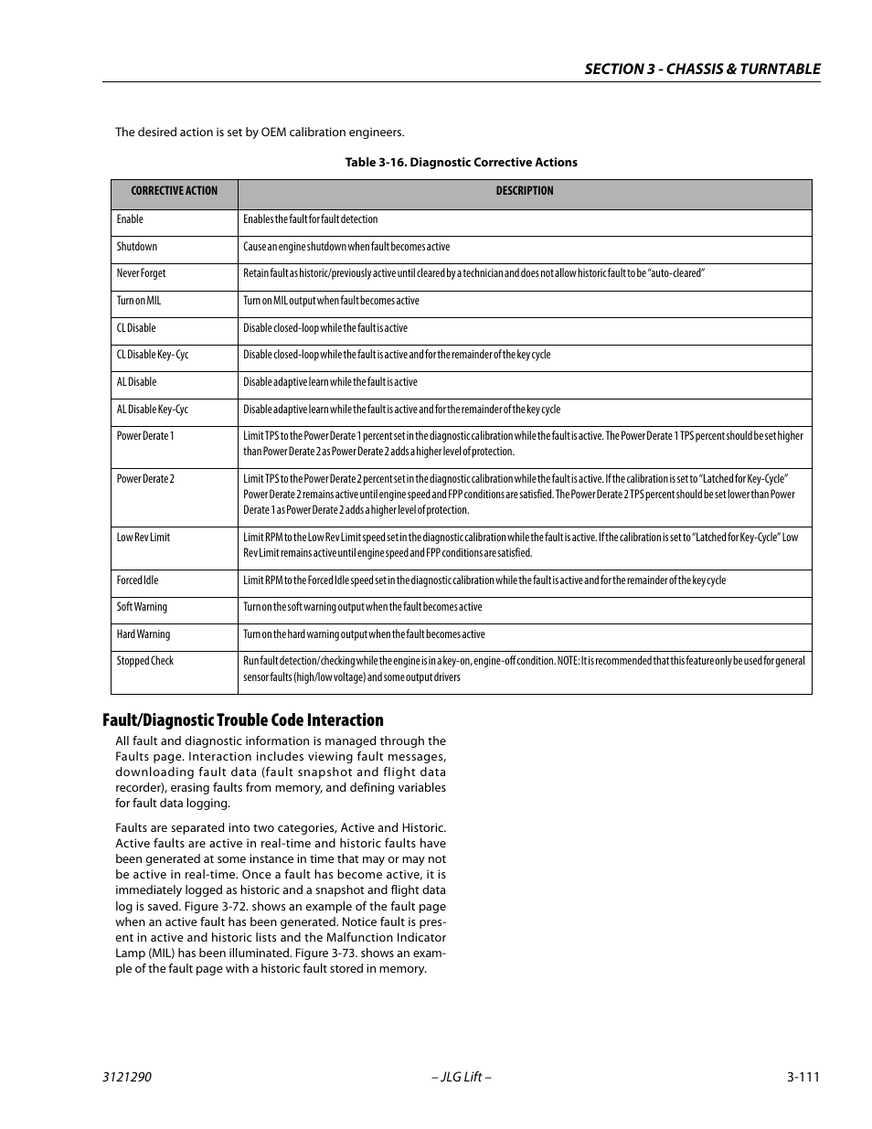 Fault/diagnostic trouble code interaction, Fault/diagnostic trouble code interaction -111, Diagnostic corrective actions -111 | JLG 450A_AJ Series II Service Manual User Manual | Page 151 / 396