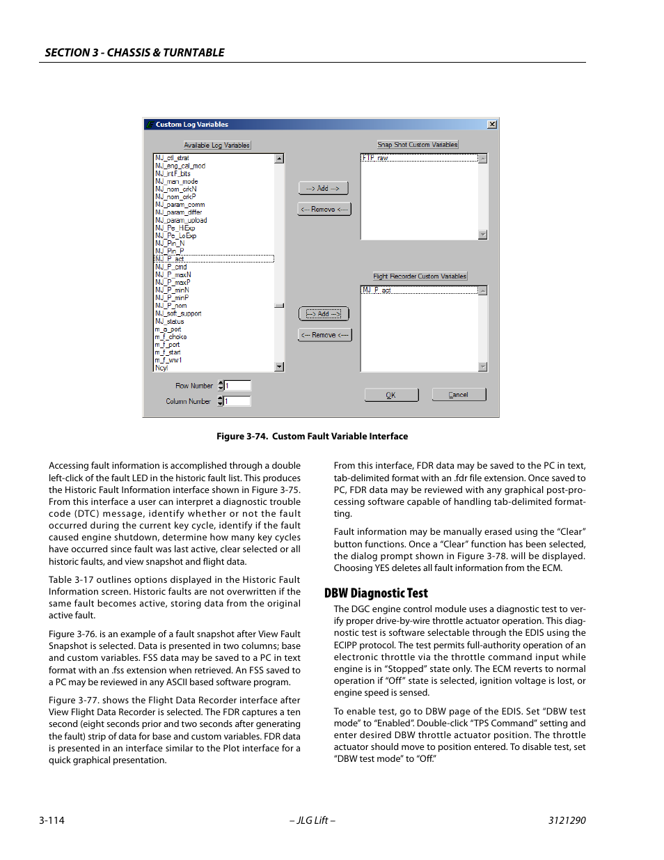Dbw diagnostic test, Dbw diagnostic test -114, Custom fault variable interface -114 | JLG 450A_AJ Series II Service Manual User Manual | Page 154 / 396