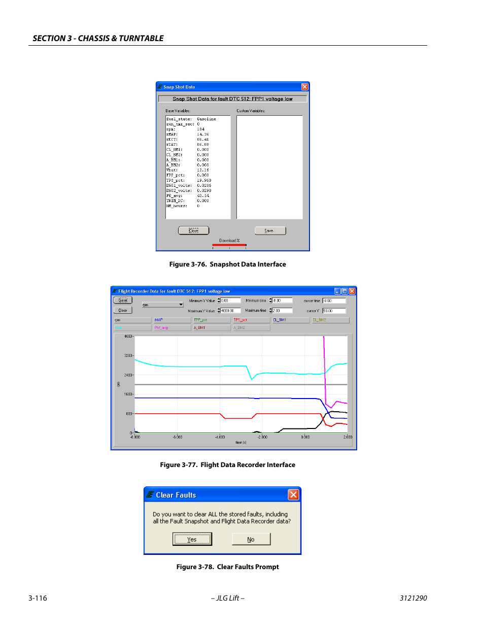 Snapshot data interface -116, Flight data recorder interface -116, Clear faults prompt -116 | Figure 3-76, Figure 3-77, Figure 3-78 | JLG 450A_AJ Series II Service Manual User Manual | Page 156 / 396