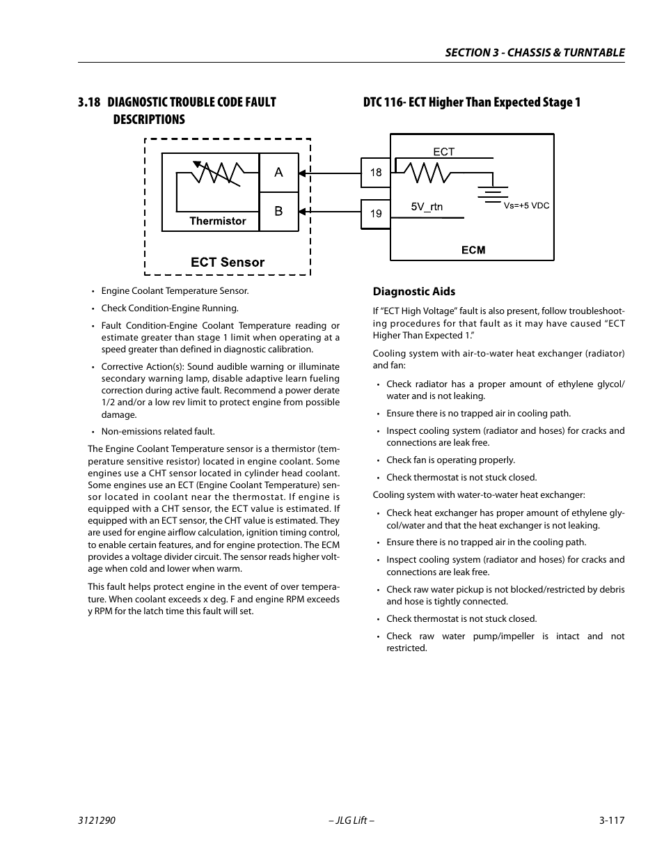 18 diagnostic trouble code fault descriptions, Dtc 116- ect higher than expected stage 1, Diagnostic trouble code fault descriptions -117 | Dtc 116- ect higher than expected stage 1 -117 | JLG 450A_AJ Series II Service Manual User Manual | Page 157 / 396