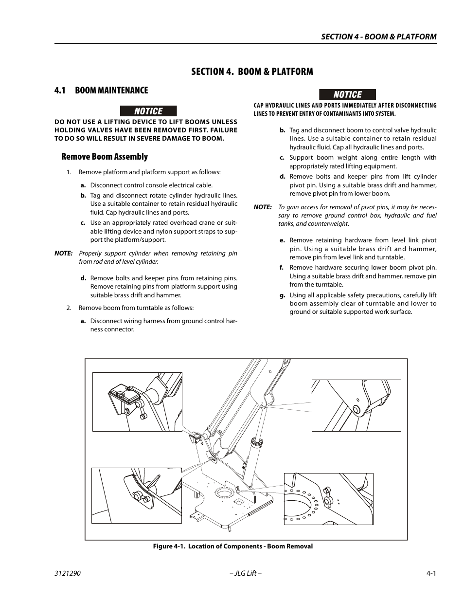 Section 4. boom & platform, 1 boom maintenance, Remove boom assembly | Section, 4 - boom & platform, Boom maintenance -1, Remove boom assembly -1, Location of components - boom removal -1 | JLG 450A_AJ Series II Service Manual User Manual | Page 213 / 396