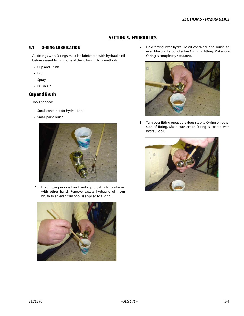 Section 5. hydraulics, 1 o-ring lubrication, Cup and brush | Section, 5 - hydraulics, O-ring lubrication -1, Cup and brush -1 | JLG 450A_AJ Series II Service Manual User Manual | Page 241 / 396