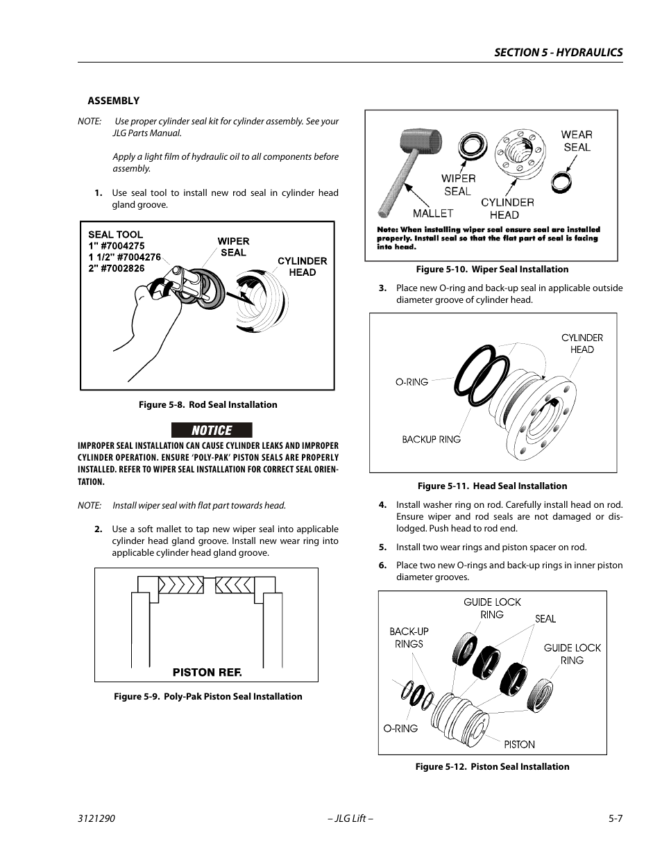 Rod seal installation -7, Poly-pak piston seal installation -7, Wiper seal installation -7 | Head seal installation -7, Piston seal installation -7 | JLG 450A_AJ Series II Service Manual User Manual | Page 247 / 396