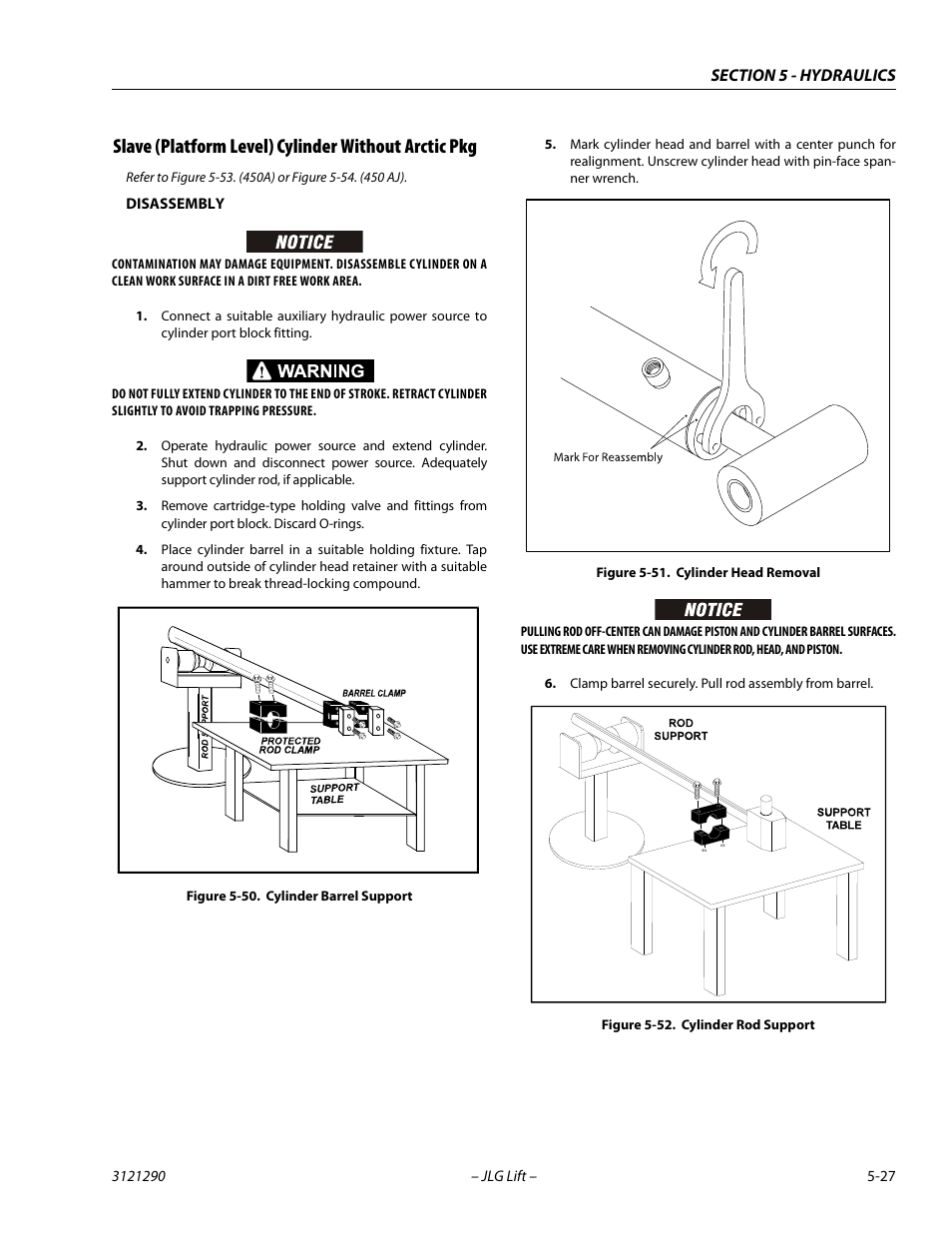 Slave (platform level) cylinder without arctic pkg, Cylinder barrel support -27, Cylinder head removal -27 | Cylinder rod support -27 | JLG 450A_AJ Series II Service Manual User Manual | Page 267 / 396