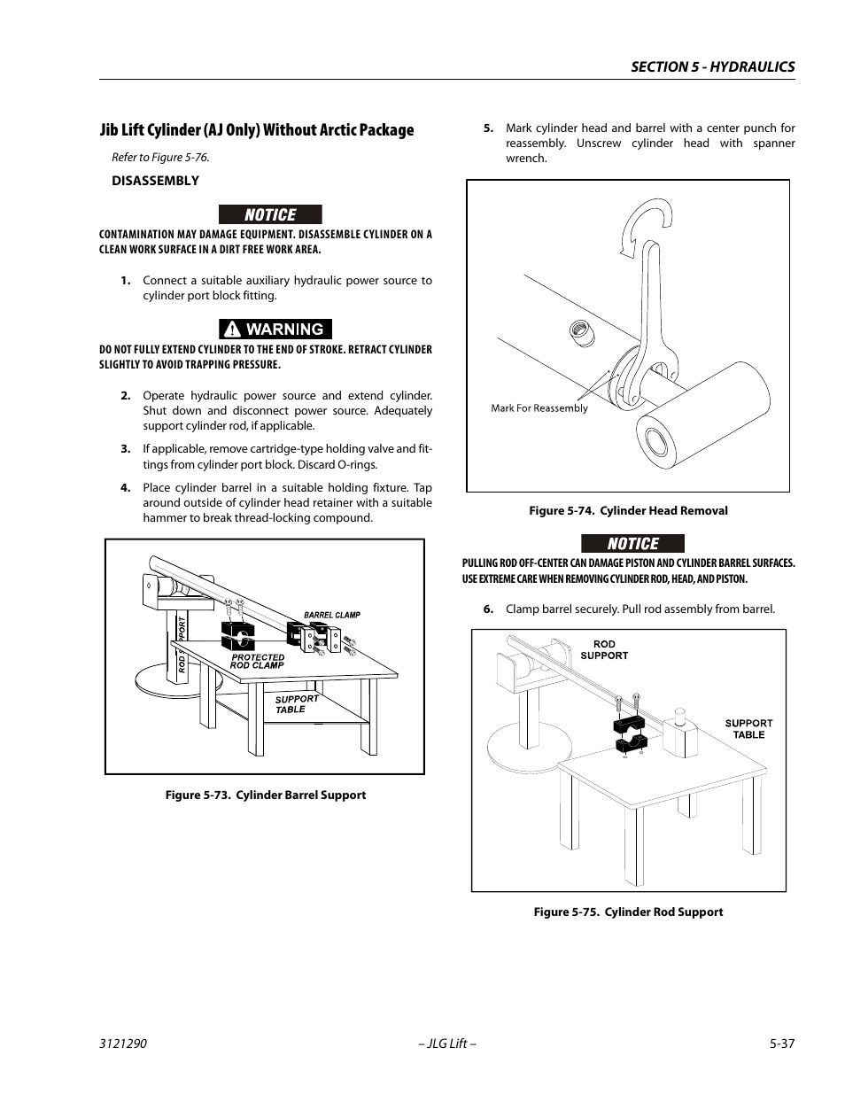 Jib lift cylinder (aj only) without arctic package, Cylinder barrel support -37, Cylinder head removal -37 | Cylinder rod support -37 | JLG 450A_AJ Series II Service Manual User Manual | Page 277 / 396