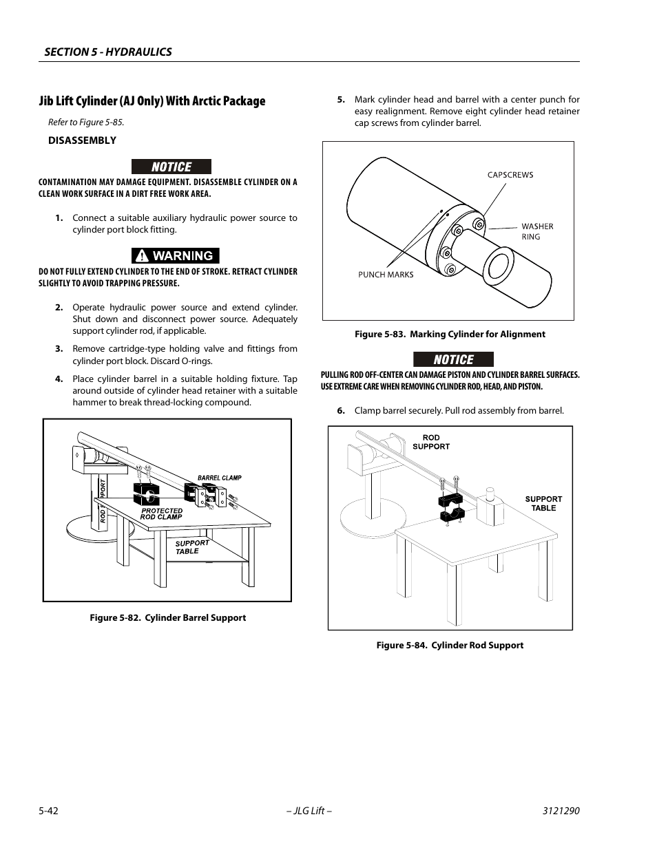 Jib lift cylinder (aj only) with arctic package, Cylinder barrel support -42, Marking cylinder for alignment -42 | Cylinder rod support -42 | JLG 450A_AJ Series II Service Manual User Manual | Page 282 / 396