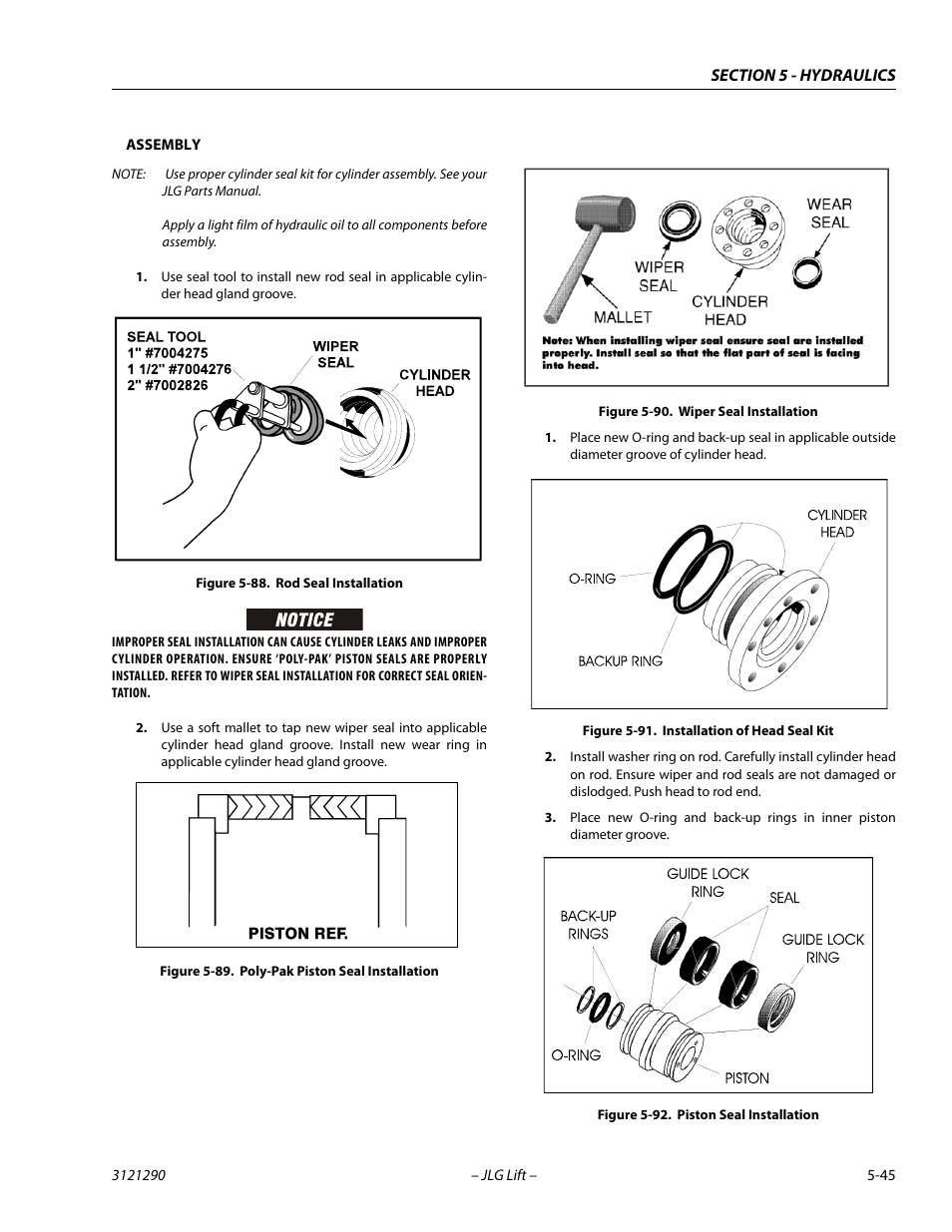 Rod seal installation -45, Poly-pak piston seal installation -45, Wiper seal installation -45 | Installation of head seal kit -45, Piston seal installation -45 | JLG 450A_AJ Series II Service Manual User Manual | Page 285 / 396