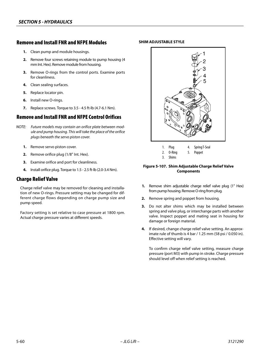 Remove and install fnr and nfpe modules, Remove and install fnr and nfpe control orifices, Charge relief valve | Shim adjustable charge relief valve components -60 | JLG 450A_AJ Series II Service Manual User Manual | Page 300 / 396